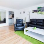 Modernes Wohnzimmer mit schwarzem Ledersofa und grünem Teppich