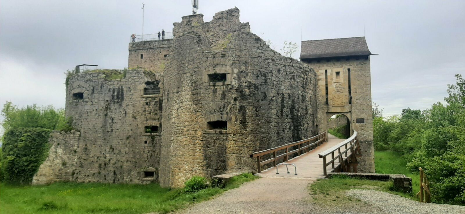 Die Küssaburg im Schwarzwald – eine historische Burgruine mit einem Holzbrücke, die den Eingang zum Gelände verbindet. Die Burg ist von grünen Wäldern umgeben und bietet einen malerischen Blick.