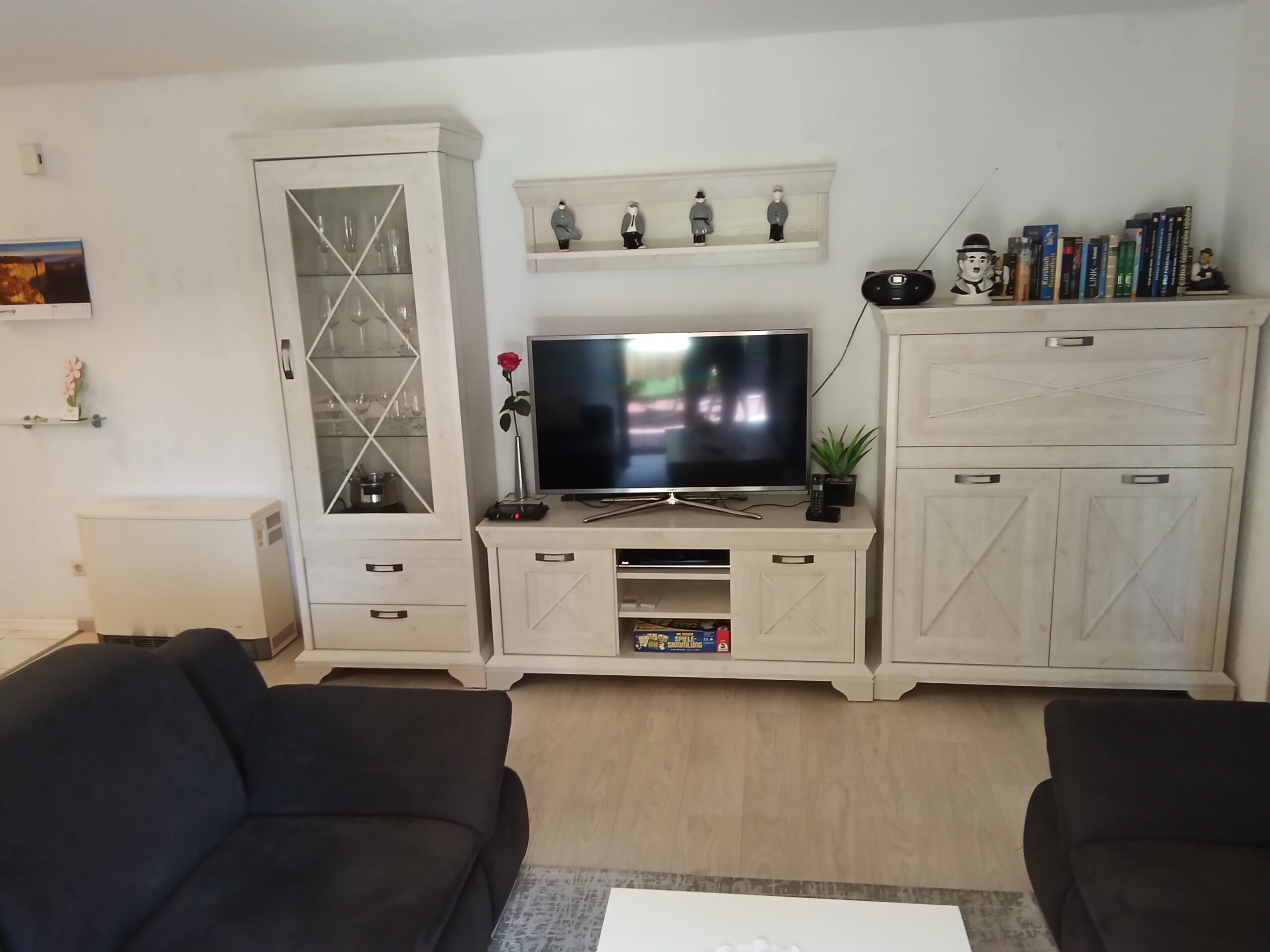Wohnzimmer der Ferienwohnung mit modernem TV und rustikalen Schränken