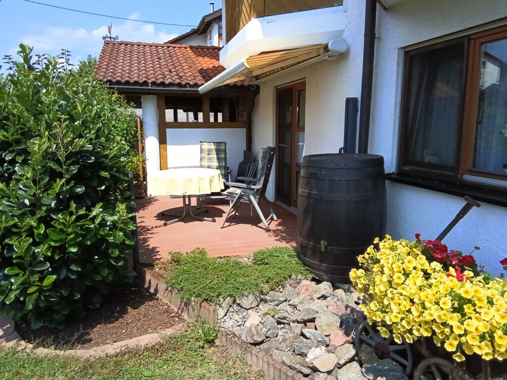 Sonnige Terrasse mit Sitzbereich, dekorativen Pflanzen und gemütlichen Stühlen.