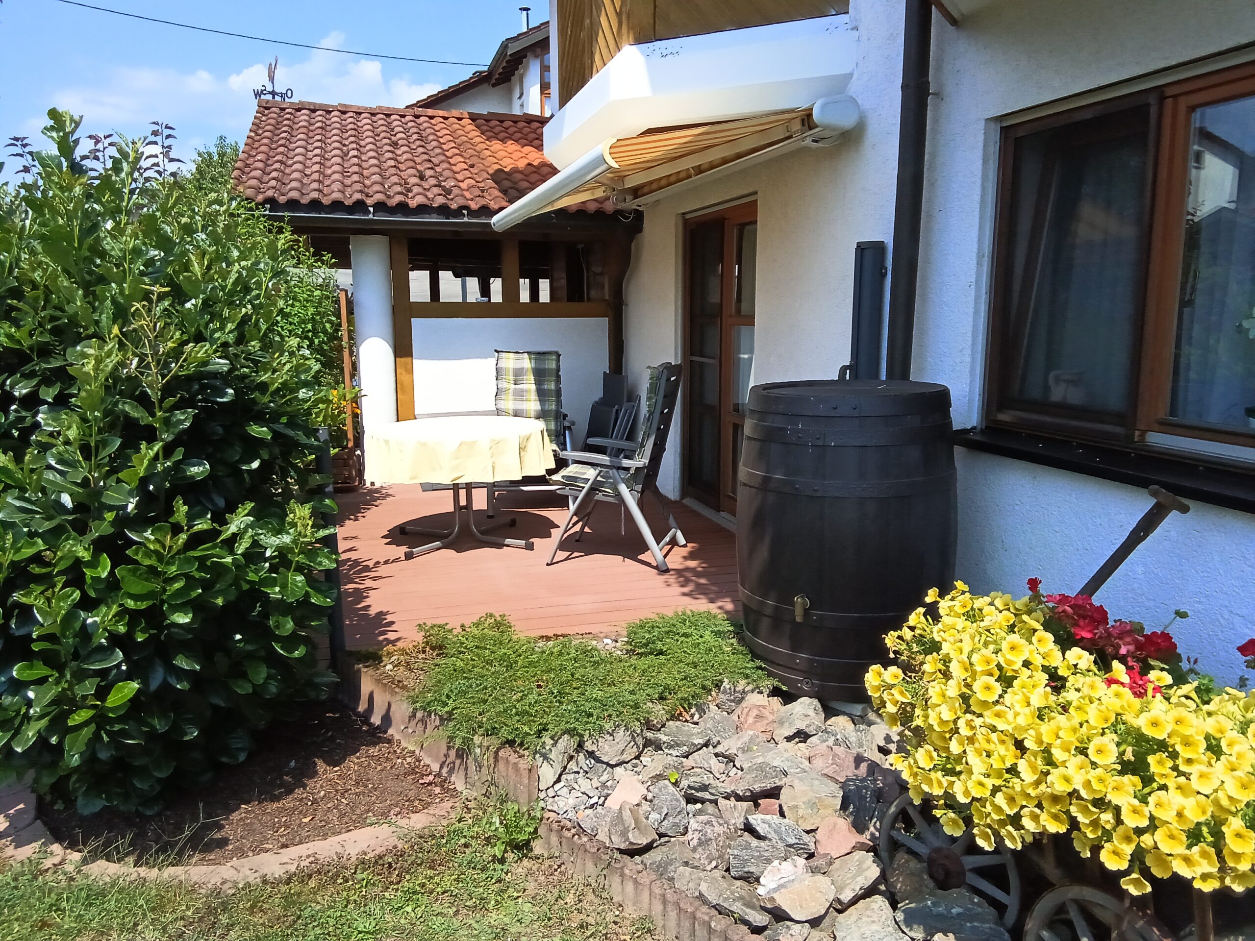 Sonnige Terrasse mit Sitzbereich, dekorativen Pflanzen und gemütlichen Stühlen.