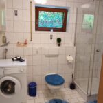 Badezimmer mit Waschmaschine, Toilette und Dusche in der Ferienwohnung