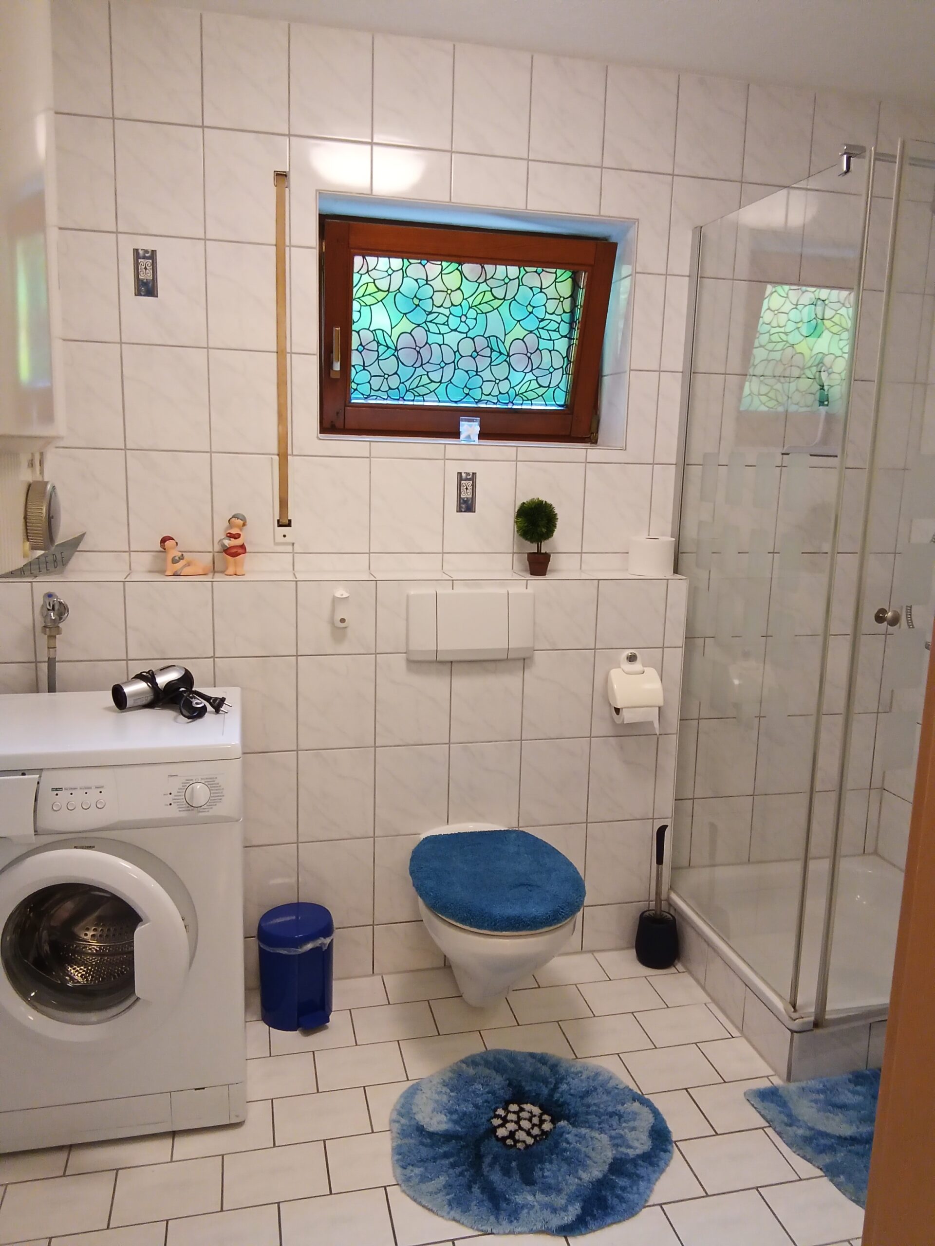 Badezimmer mit Waschmaschine, Toilette und Dusche in der Ferienwohnung