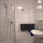 Badezimmer mit Dusche und Waschbecken in der Ferienwohnung